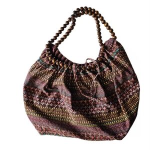 Bohemian Hippie Hobo Beaded Handle Brown Floral Patterned Whimsical Bag